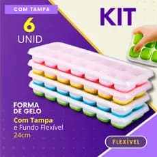 Forma de Gelo Kit 6, 4 ou 3 P eças Com Tampa Higiênica e Fundo Flexível de Silicone Colorida