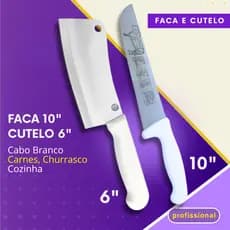 Kit 2- Faca 10"e Cutelo 6" Cabo Branco Profissional Aço Inox para Churrasco Açougue Cozinha