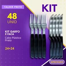 Talher Kit 48, 36, 24 ou 12 Garfo Faca de Inox Cabo Preto Plastico Restaurante Buffet Churrascarias