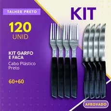 Kit 120 Talheres Garfos Facas de Inox Cabo Preto Plastico Refeições Bares Restaurante Churrascaria