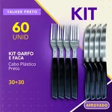 Kit Talher 16, 30, 60 Pçs Garfos Facas de Inox Cabo Preto Plastico Refeições Churrascaria Restaurante