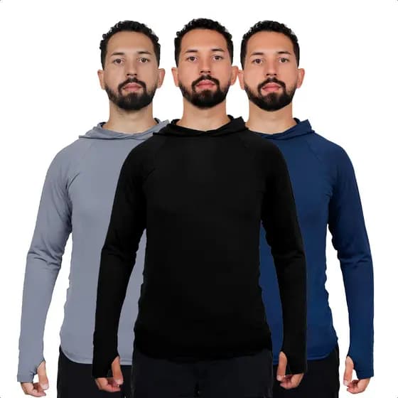 Kit 3 Camisa Segunda Pele Masculina Térmica Capuz Proteção Uv
