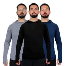 Kit 3 Camisa Segunda Pele Masculina Térmica Capuz Proteção Uv