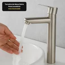 Torneira Mesa Retro Lavatório Acabamento Inox Escovado Design Clássico Durável