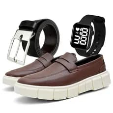 Sapato Social Masculino Mocassim Casual Sola Alta Elegante e Confortável Couro Nobre + Cinto Relogio