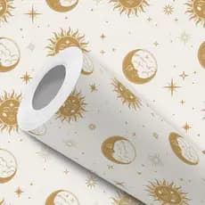 Papel de Parede Adesivo Bege Sol Lua Douradas Fácil Instalação