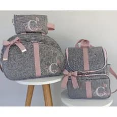 BOLSAS MATERNIDADE PERSONALIZADA MENINA LINHO CINZA COM ROSE