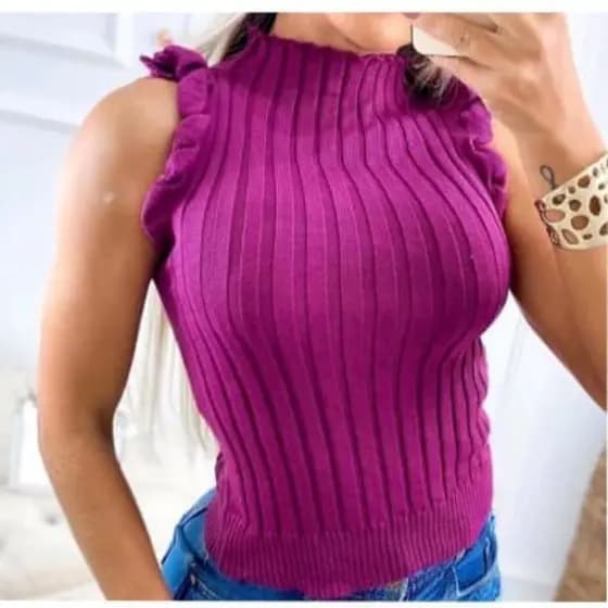 Blusinha Garrafinha / Tricot Modal Canelado  / Babado / Gola Alta / Blusa Feminina / Envio 24Hrs