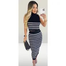 Conjunto Tricot Modal / Cropped com Saia Midi / Conjunto Listrado de Tricô / Gola Alta  / Envio Já
