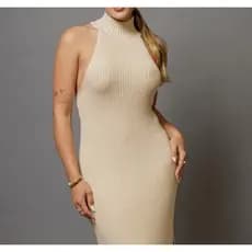 Vestido Cavado Garrafinha Tricot Modal Canelado Gola Alta / Vestido Tricô Cava Americana