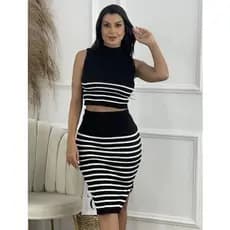 Conjunto Tricot Modal / Cropped com Saia Midi / Conjunto Listrado de Tricô / Gola Alta / Envio Já