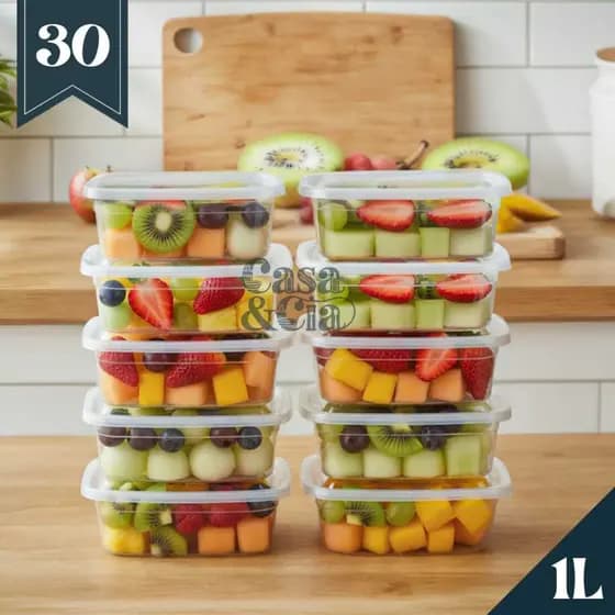 Kit Potes Vasilhas Marmitas Fitness 1L 1000ML Transparente Reutilizável BPA FREE Microondas