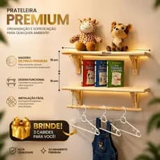 Kit 2 Prateleiras Pinus 60cm parede, Quarto Infantil, Cozinha, Mão Francesa Cabide Estilo Montessori