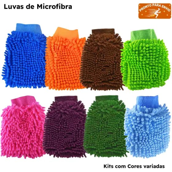 Kit Luvas Microfibra 20cm Limpeza Automotiva Carro, Moto e Doméstica Fogão, Metais, Espelhos, Vidros, Móveis, Azulejos