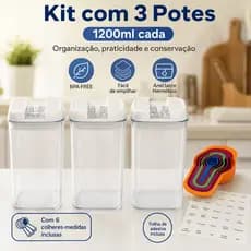 Kit 3 Potes Herméticos Acrílico Premium 1200ml Organizador de Cozinha com Trava de Vedação | Com  6 Colheres-Medidas