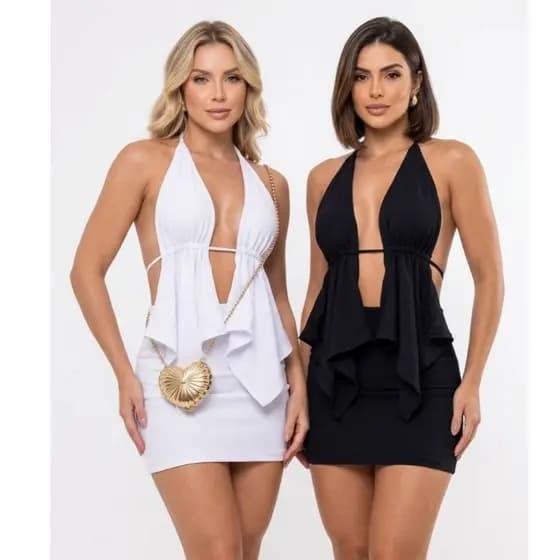 Kit 2 Conjuntos Feminino Cropped Frente Única e Saia Curta Malha Crepe Tendência Moda Gringa Paty Blogueira Verão