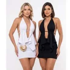 Kit 2 Conjuntos Feminino Cropped Frente Única e Saia Curta Malha Crepe Tendência Moda Gringa Paty Blogueira Verão