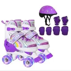 Patins 4 Rodas Arco Íris Roxo Com Luz De Led + Kit Proteção