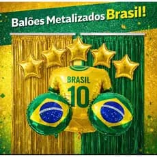 Kit Copa do Mundo – 2 Cortinas Metalizada Verde e Dourada + 2 Balões Bola Futebol + 5 Estrelas + 1 Balão Camisa Brasil