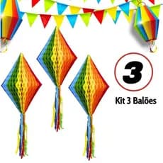 Kit 3 Enfeite Festa Junina Balão Papel Colorido 30cm e 40cm Com Franja Losango Decoração Arraial Juliana