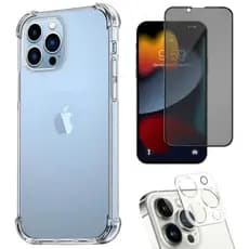 Kit Proteção IPhone Capa Transparente + Pelicula Privacidade + Pelicula Camera IPhone 11 12 13 14 15 16 Pro Max