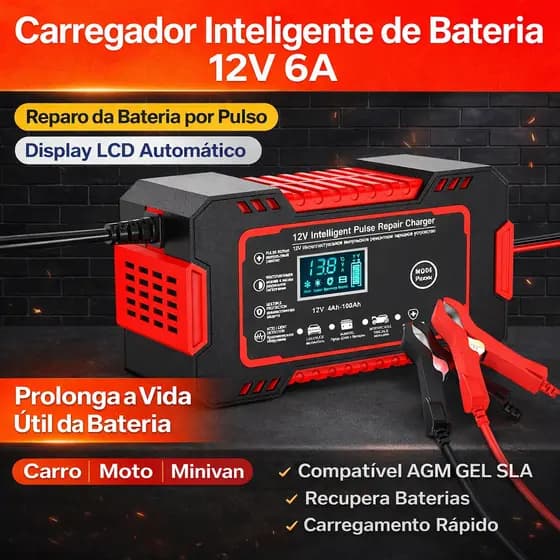 Carregador de Bateria 12V 6A com Função Reparo Pulso | Automático Inteligente LCD Carro Moto