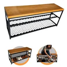 Banco Sapateira Organizador Estilo Industrial C/ Tela 110cm Madeira Premium