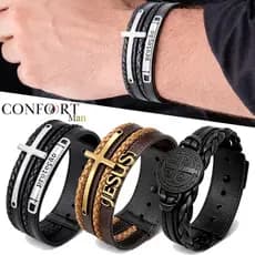 Pulseira Ajustável Couro Proteção Gratidão Resiliência Cruz Jesus - Modelos Variados