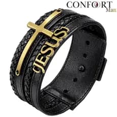 Pulseira Ajustável Couro Legítimo Masculino Jesus Cruz Amuleto Proteção - Modelos Premium