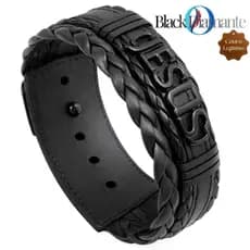 Pulseira Ajustável  Couro Masculino Jesus Cruz Resiliência Proteção Gratidão Fé