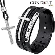 Kit Pulseira de Couro Masculina Cruz Gratidão + Colar Cruz Ajustável