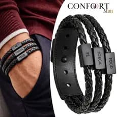 Pulseira Masculina Couro Ajustável Foco Força Fé Coragem Ajustável Cruz São Bento - Vários Modelos