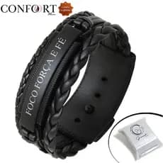 Pulseira Foco Força e Fé Couro Trançado Fé Resiliência Cruz Jesus - Modelos Premium GRANADO