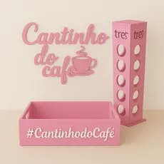 Trio bandeja + porta cápsula + escrito cantinho da café pink  rosa nespresso dolce gusto ou 3 corações