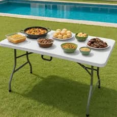 Mesa dobrável portátil 1,80m em plástico Branco Vira Maleta Camping Praia