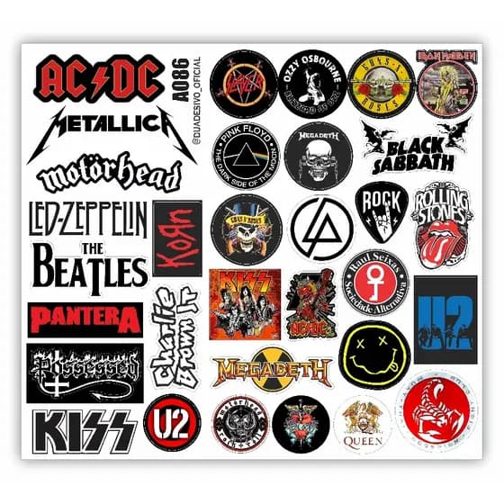 Kit 32 Adesivos Bandas de Rock In Roll Clássicas Nacionais Internacionais Personalizado Cartela Top