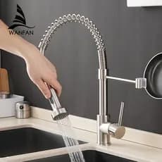 Torneira de bica de mola para pia de cozinha, torneira misturadora de prata, guindaste de água quente e fria