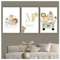 Quadro decorativo infantil com nome personalizado safari leão girafa decoração quarto menino animais