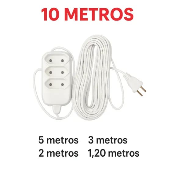 Extensão elétrica branca 10  Metros 3 Tomadas 10A~ 250V.