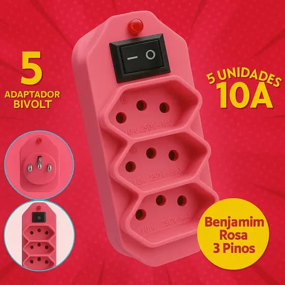 5 Unidades Benjamim Rosa New Jack C/CHAVE LIG/DESL  2P+T 250V Com luz de Led indicativa Lançamento INMETRO