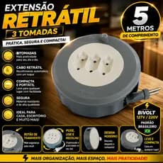 Extensão Elétrica Retrátil Redonda Cabo  Reforçado 5 Metros 3 Saídas 2 Polos