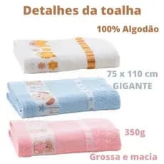 3 Toalhas De Banho Infantil Nenem e Bebes 100% Algodão Felpuda e Grande