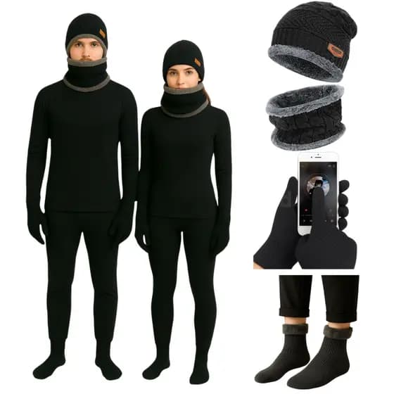 Kit Inverno Segunda Pele Completo | Térmico com Touca, Cachecol, Blusa, Calça, Luvas e Meias