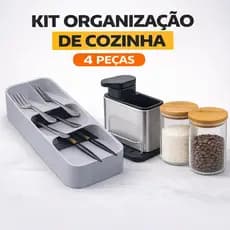 Kit Organização de Cozinha 4 Peças 2 Potes Herméticos Vidro + Organizador de Talher + Pia Inox