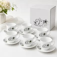 Jogo de Xícaras com 6 Pires 220ml Conjunto Café Chá Porcelana Branca Mesa Posta 12 Peças