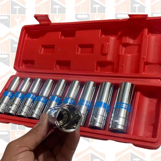 Jogo de Soquete Longo de 8 á 24 MM Com 10 Peças Sextavado com Estojo VERMELHO Versatilidade e Durabilidade