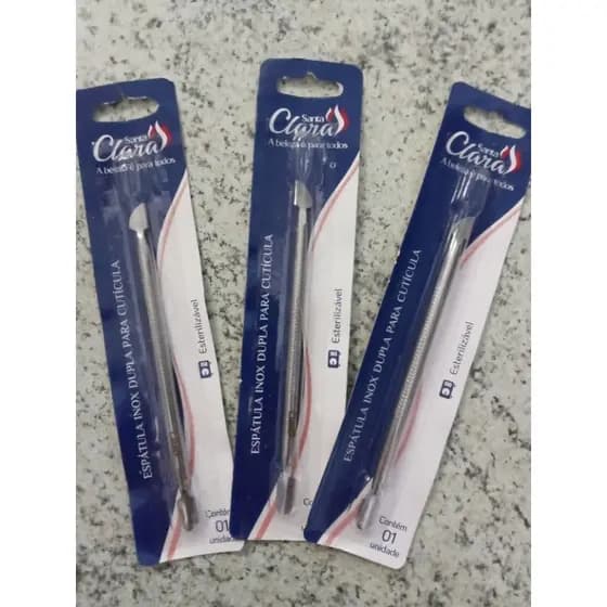 KIT COM 3 ESPÁTULAS DUPLAS INÓX, PARA MANICURE, "SANTA CLARA".