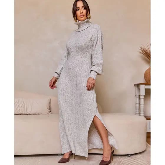 Vestido Feminino Tricô Longo Mousse Midi Gola Alta Fenda Trança Canelado Manga Bufante Inverno Casual