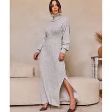 Vestido Feminino Tricô Longo Mousse Midi Gola Alta Fenda Trança Canelado Manga Bufante Inverno Casual
