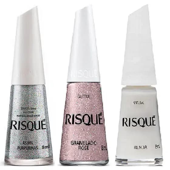 Esmalte Risque Renda + Mil Purpurinas e Granulado Rose Cores Brilhantes